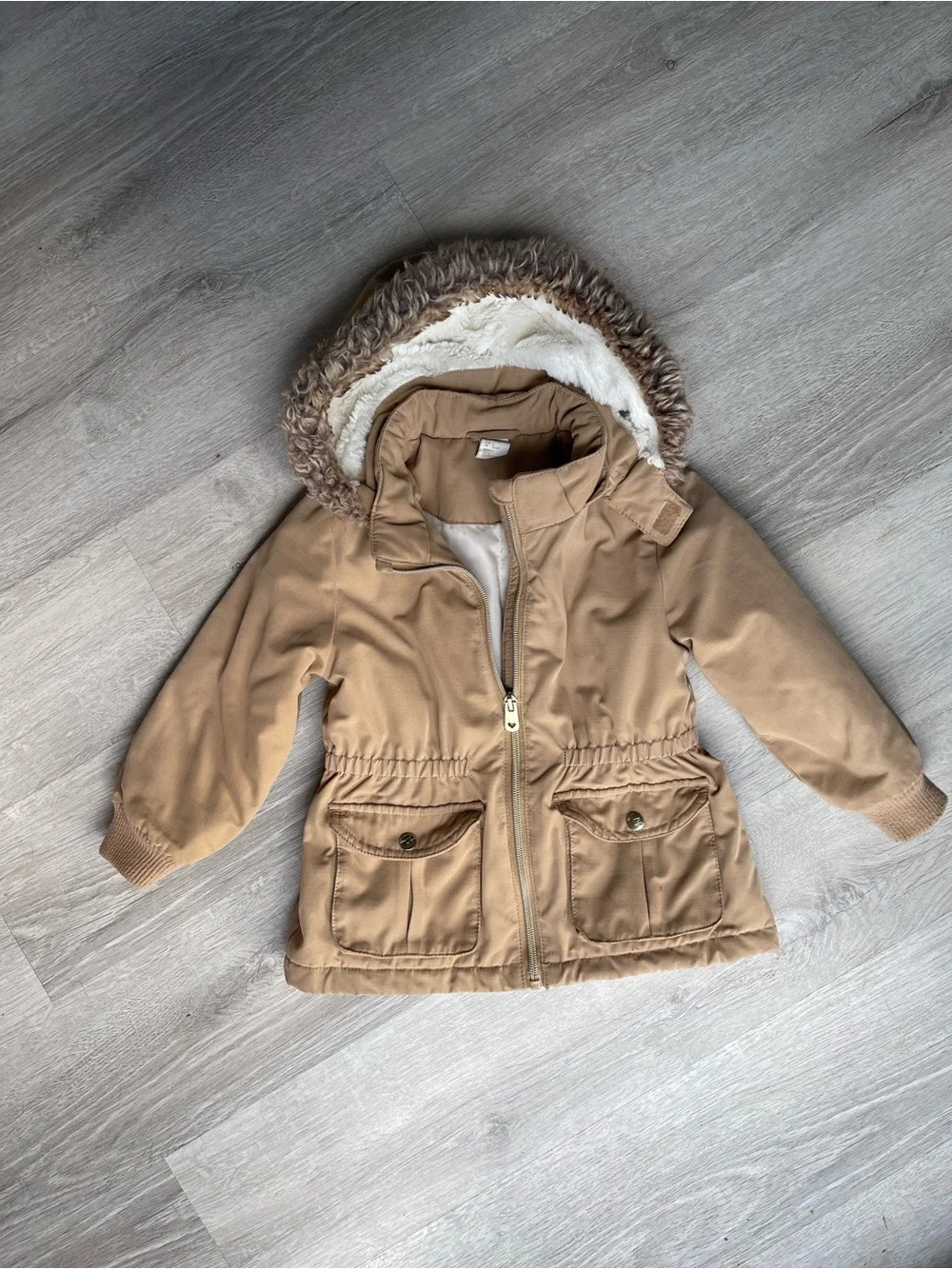 H&M Kids Tan Hooded Puffer Jacket with Faux Fur Trim
